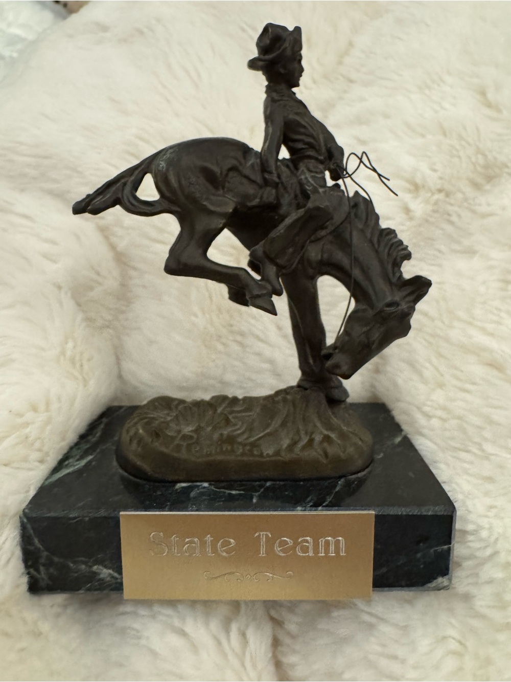 Dark Bronze Cowboy and Bucking Horse Sculpture on Black Base
